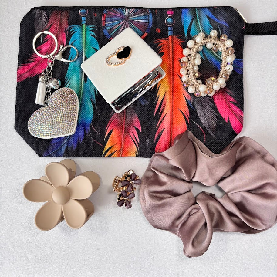 Aesthetic Hair Accessories Pouch Set – Scrunchie, Claw Clip, Jewelry & Heart Keychain