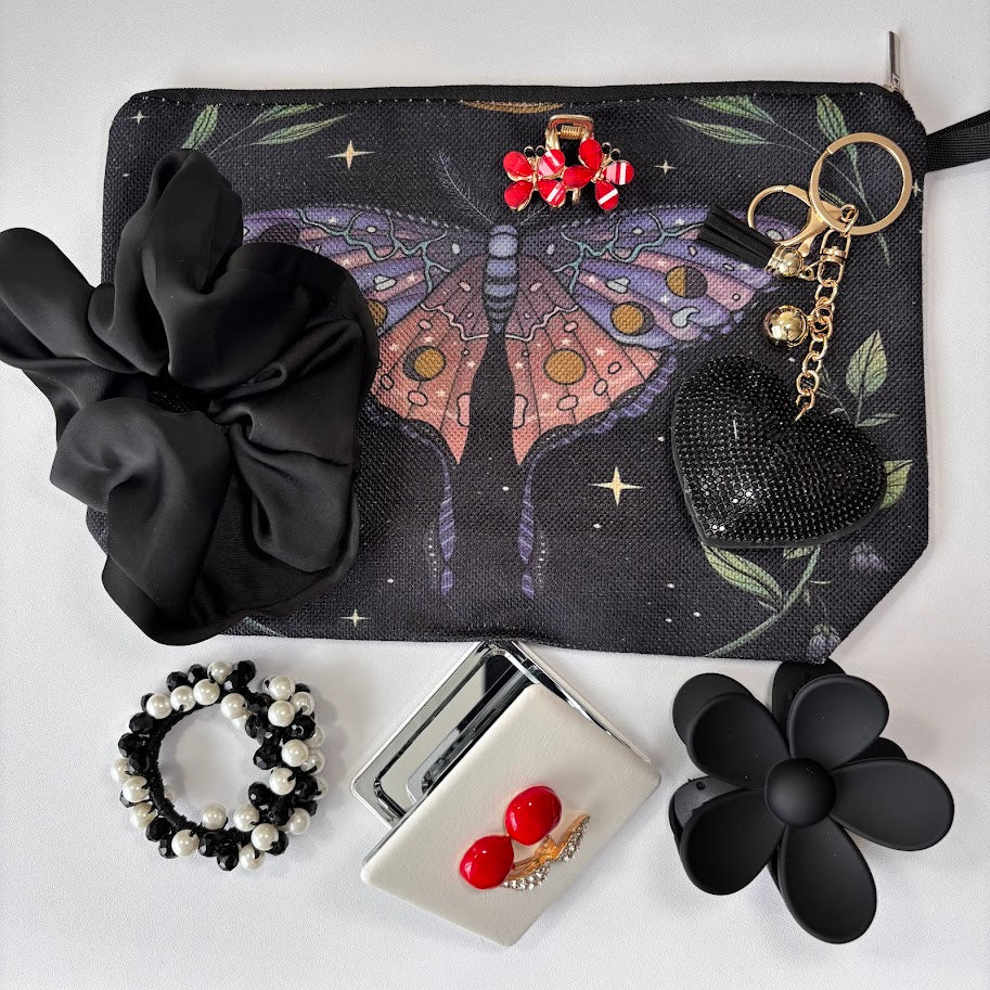 Aesthetic Hair Accessories Pouch Set – Scrunchie, Claw Clip, Jewelry & Heart Keychain