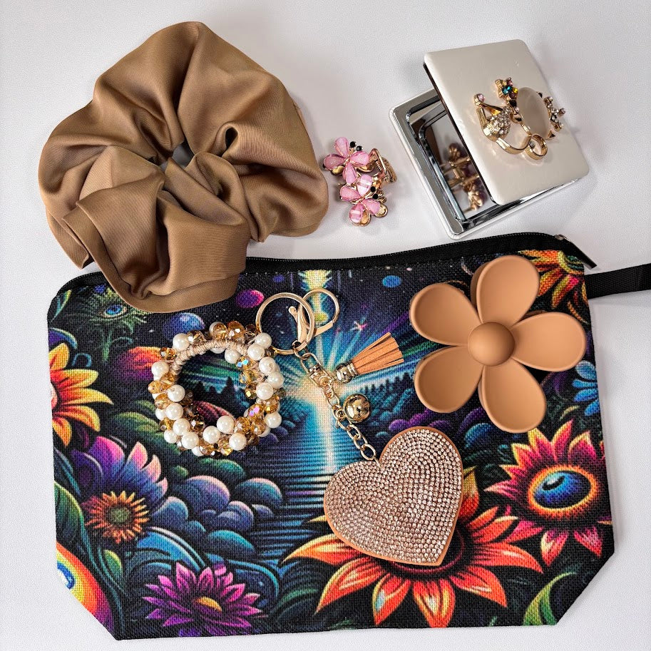 Aesthetic Hair Accessories Pouch Set – Scrunchie, Claw Clip, Jewelry & Heart Keychain