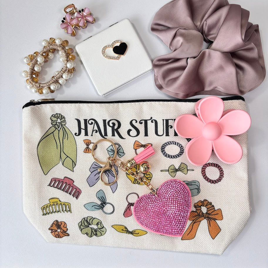 Aesthetic Hair Accessories Pouch Set – Scrunchie, Claw Clip, Jewelry & Heart Keychain