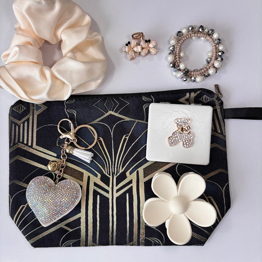 Aesthetic Hair Accessories Pouch Set – Scrunchie, Claw Clip, Jewelry & Heart Keychain