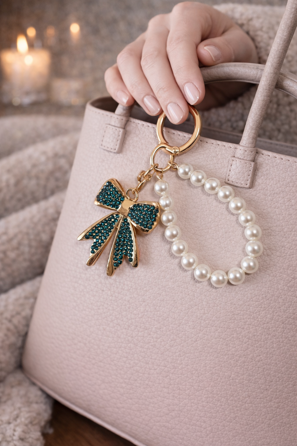 Black Bow & Pearl Bag Charm Keychain – Elegant Handbag Accessory