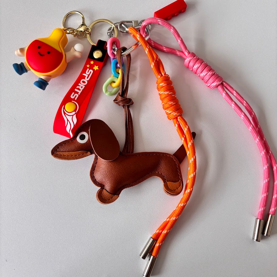 Dachshund Bag Charm Keychain with Colorful Rope Strap & Sport Details