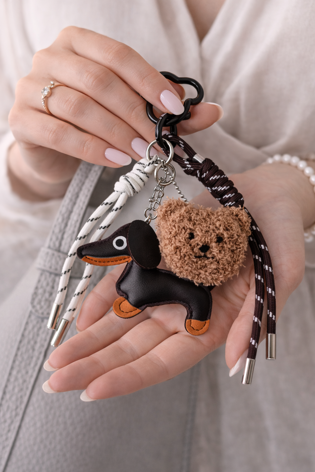 Dachshund Dog Bag Charm Keychain with Teddy Bear & Rope Strap