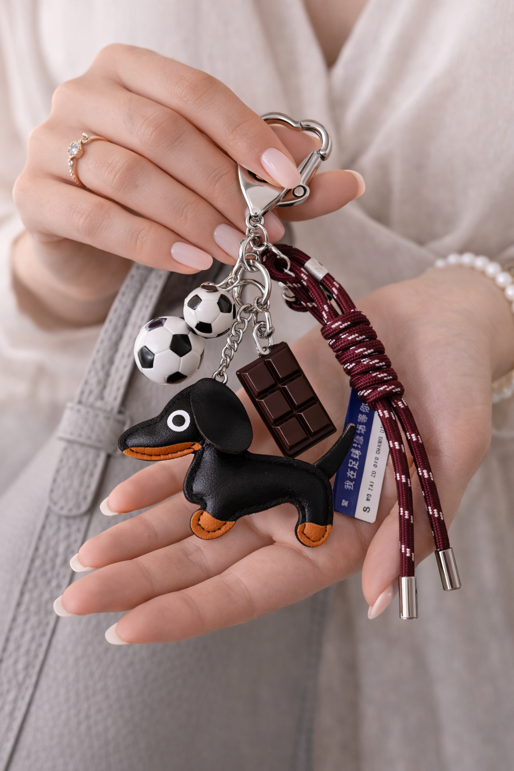 Dachshund Dog Bag Charm Keychain with Football Charm & Rope Strap