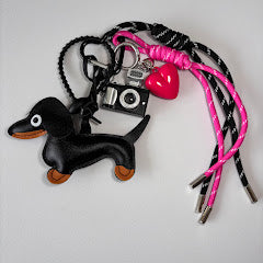 Black Dachshund Bag Charm Keychain with Camera & Heart Charms