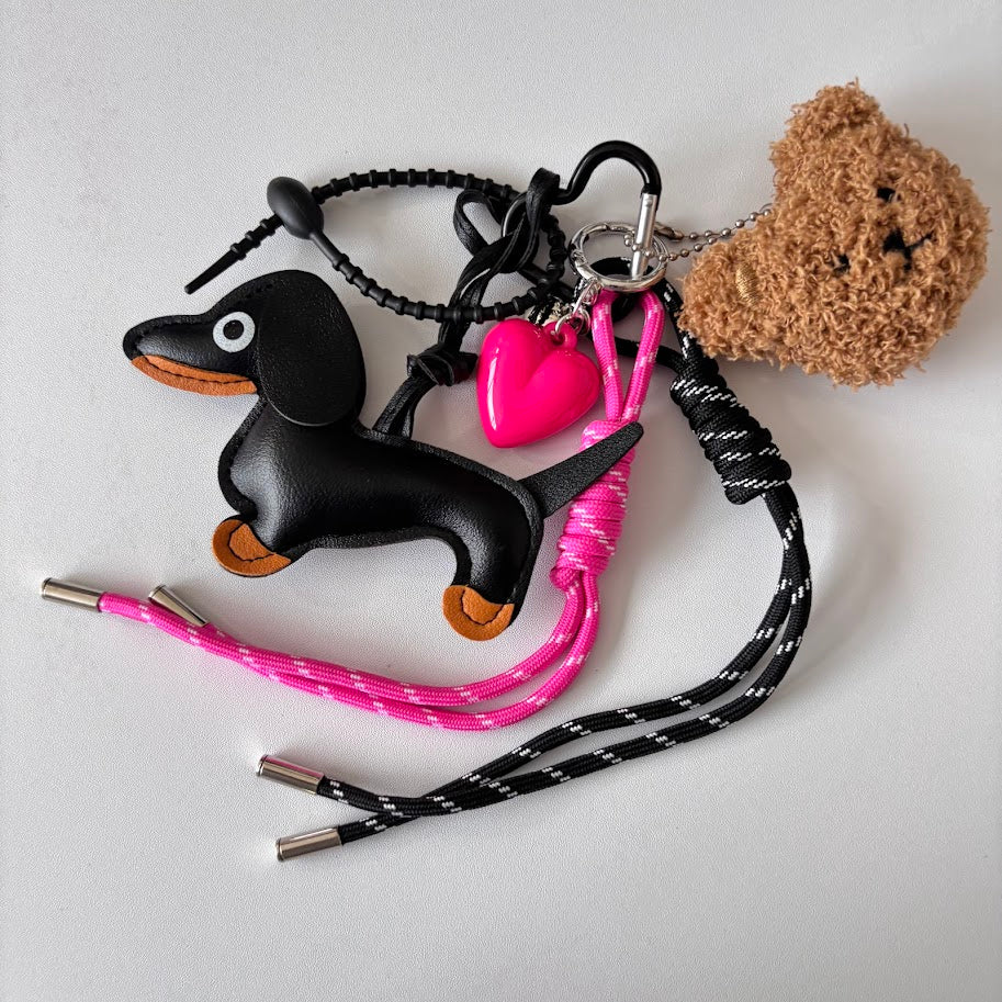 Black Dachshund Bag Charm Keychain with Pink Heart, Teddy Bear & Rope Strap