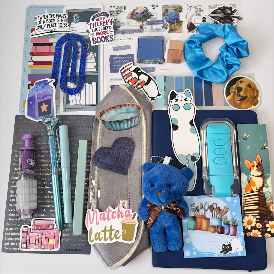 💙 Bookish Bundle – Blue Edition | Aesthetic Stationery Gift Set (A5/A6 Notebook)