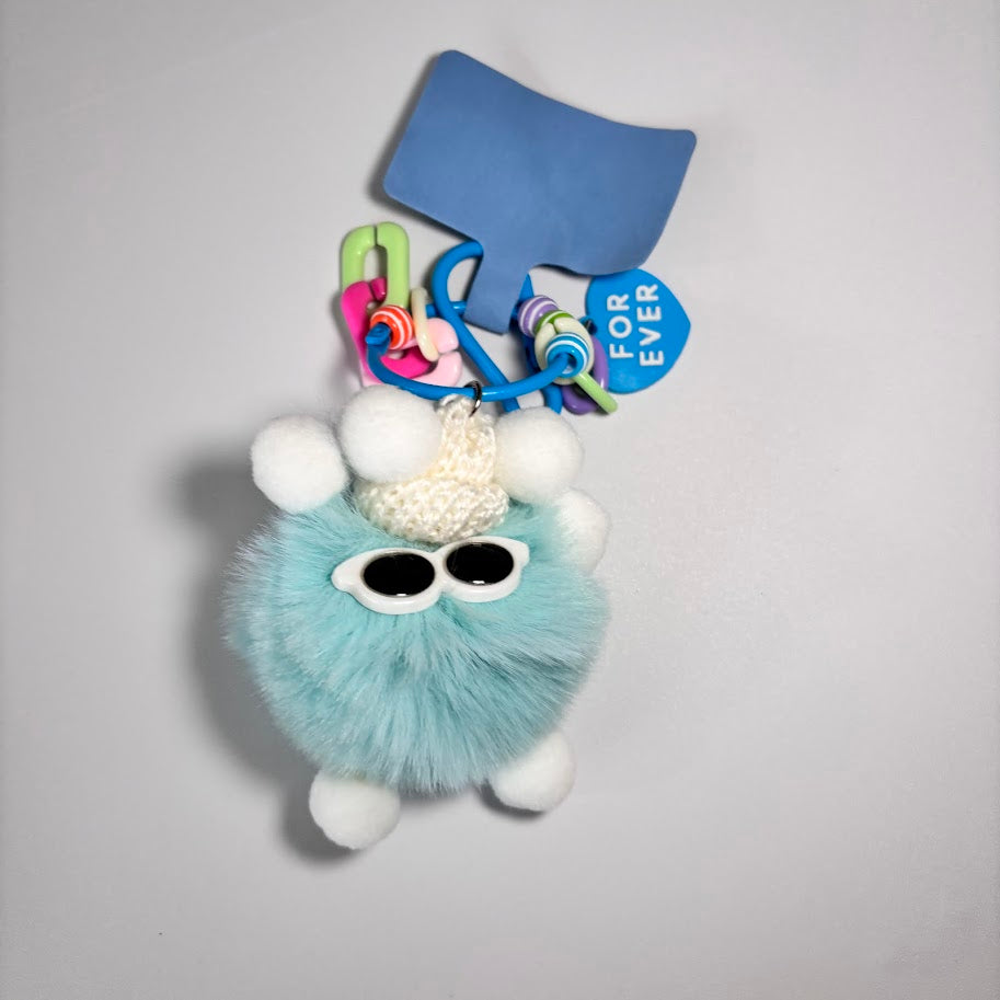Colorful Fluffy Pom Pom Keychain – Cute Bag Charm with Sunglasses