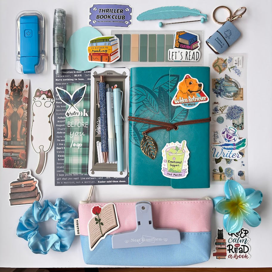 📘 Book Lovers Aesthetic Stationery Set – Blue Edition (Premium A6 Journal , Stickers, Bookmarks & Accessories)