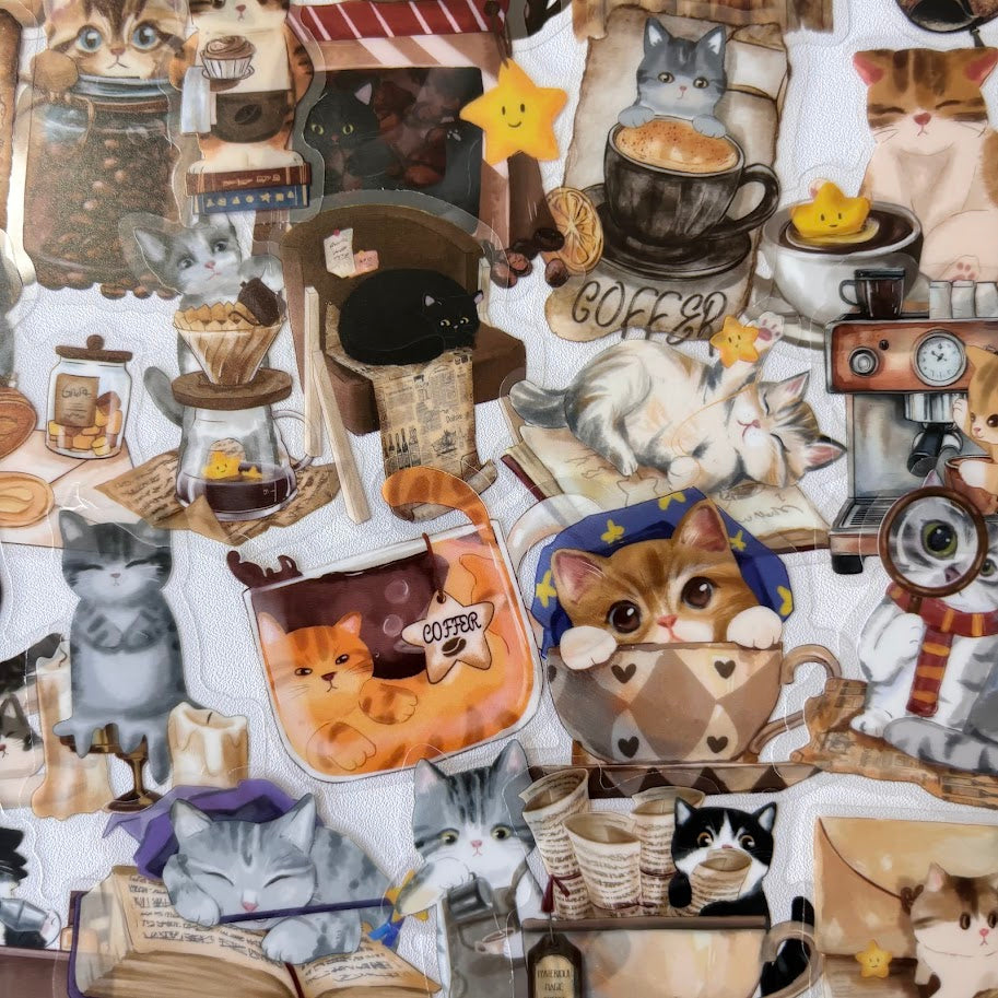 Cozy Cat Stickers – Bookish Coffee Cat Aesthetic Sticker Pack
