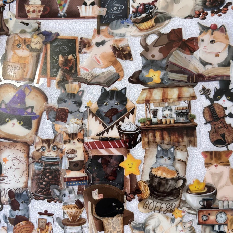 Cozy Cat Stickers – Bookish Coffee Cat Aesthetic Sticker Pack