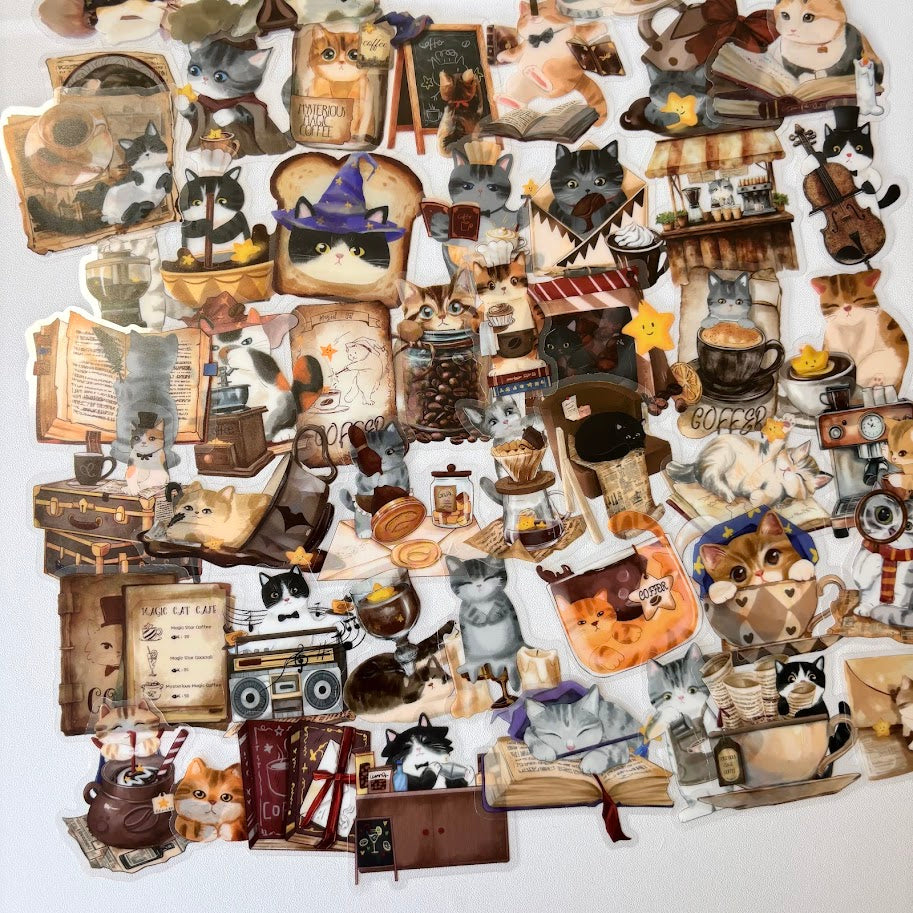 Cozy Cat Stickers – Bookish Coffee Cat Aesthetic Sticker Pack