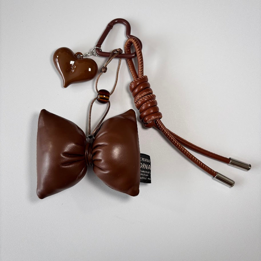 Brown Bow Bag Charm Keychain – Heart Accent & Wrist Strap Charm