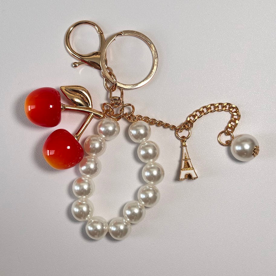 Cherry & Pearl Bag Charm Keychain – Elegant Handbag & Key Accessory