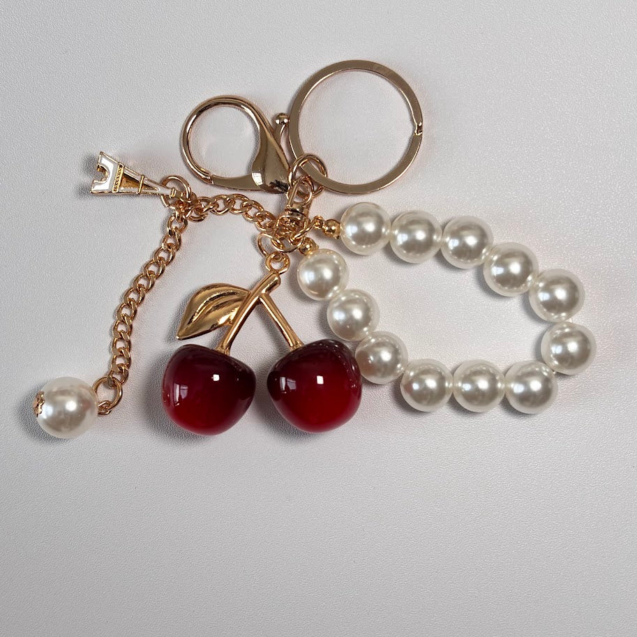 Cherry & Pearl Bag Charm Keychain – Elegant Handbag & Key Accessory