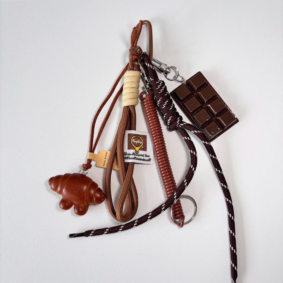 Chocolate Bag Charm Keychain with Rope Strap & Croissant Detail