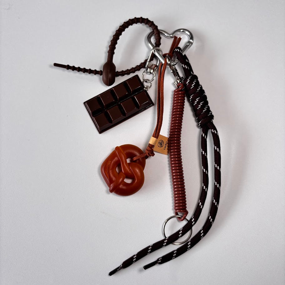 Chocolate Bag Charm Keychain with Rope Strap & Croissant Detail