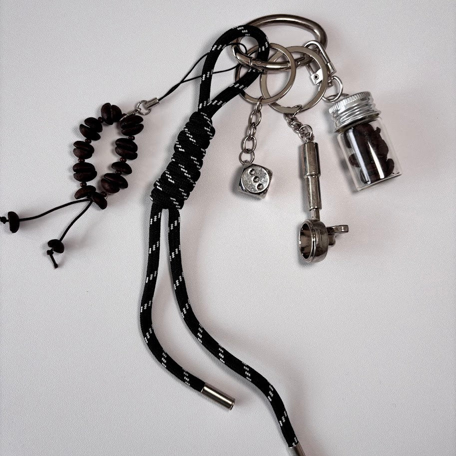 Coffee Lover Keychain with Rope Strap, Coffee Beans & Mini Cup Charm