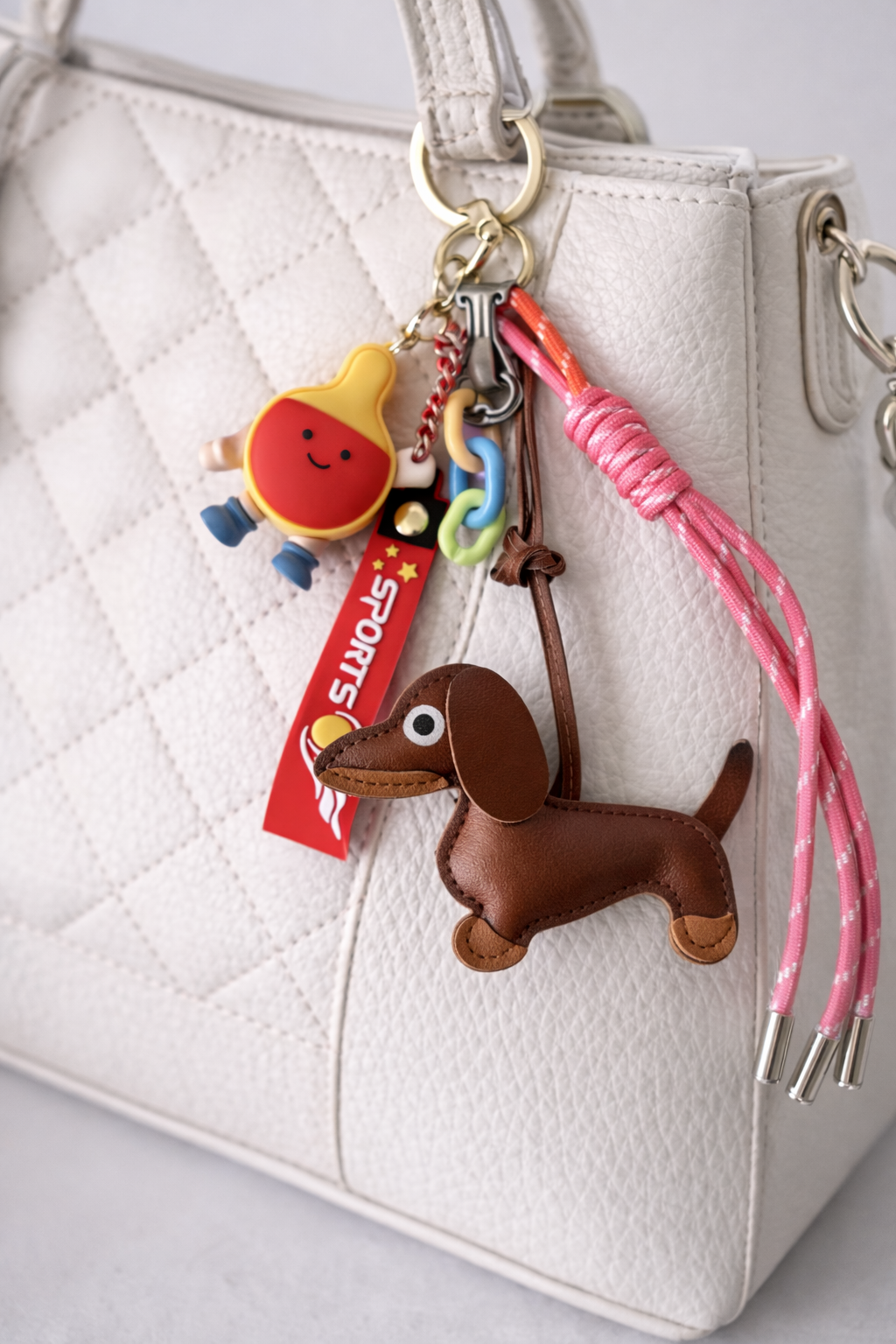 Dachshund Bag Charm Keychain with Colorful Rope Strap & Sport Details