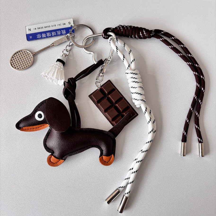 Dachshund Dog Bag Charm Keychain with Rope Strap & Mini Charms