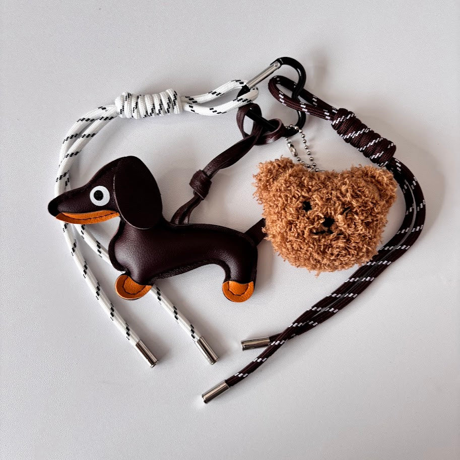 Dachshund Dog Bag Charm Keychain with Teddy Bear & Rope Strap