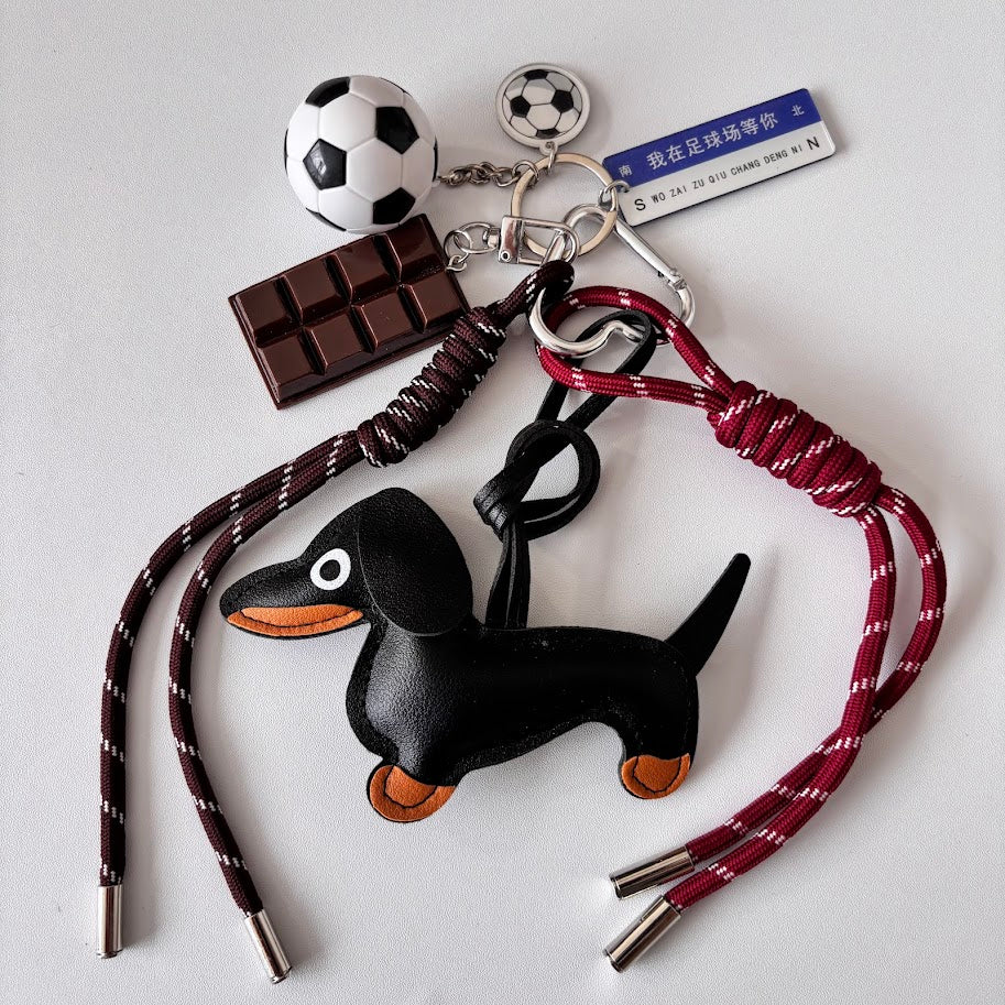 Dachshund Dog Bag Charm Keychain with Football Charm & Rope Strap