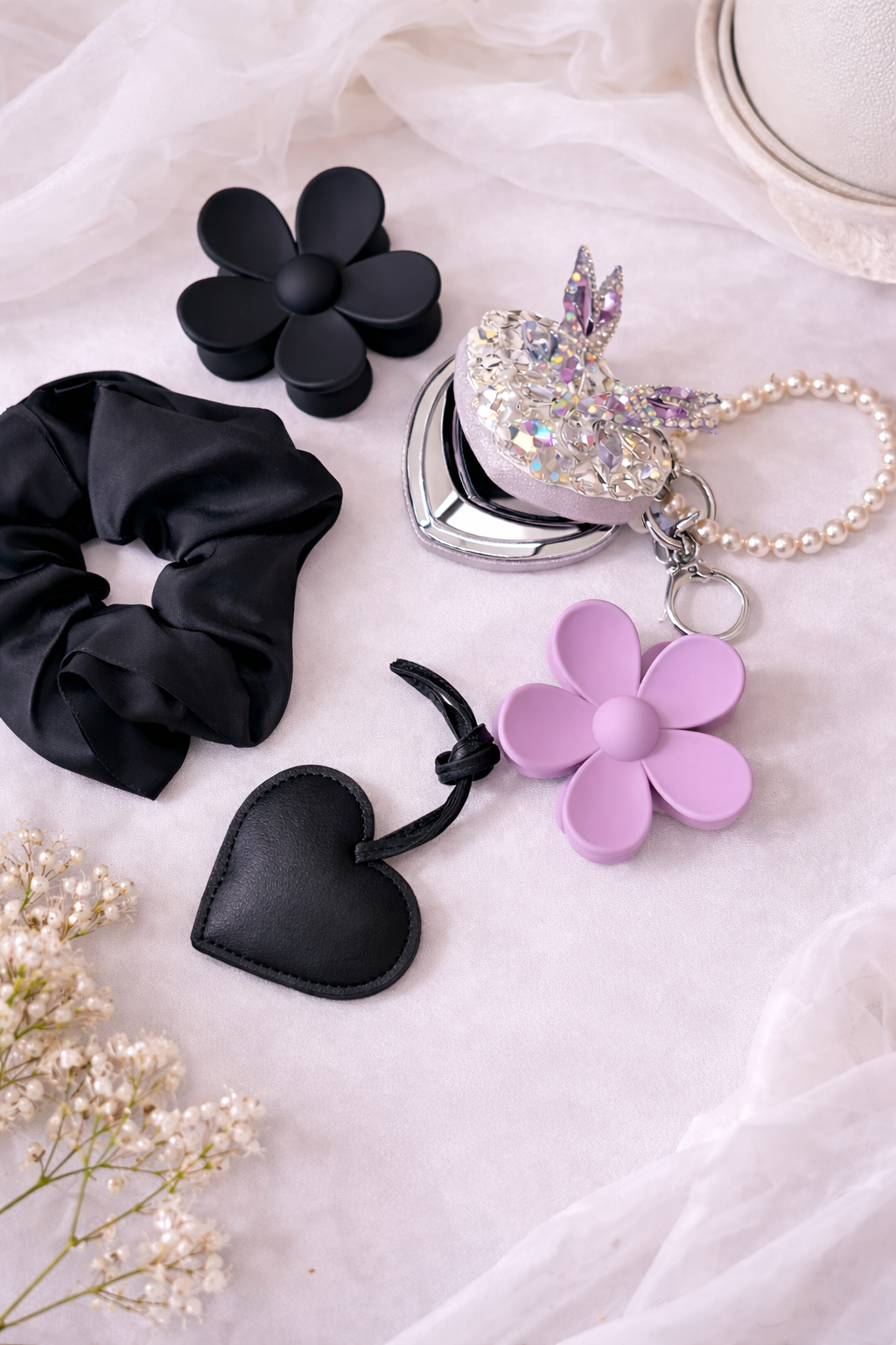 Elegant Hair Accessories & Mini Bag Charms Set – Scrunchie, Flower Clip, Heart Charm & Mirror