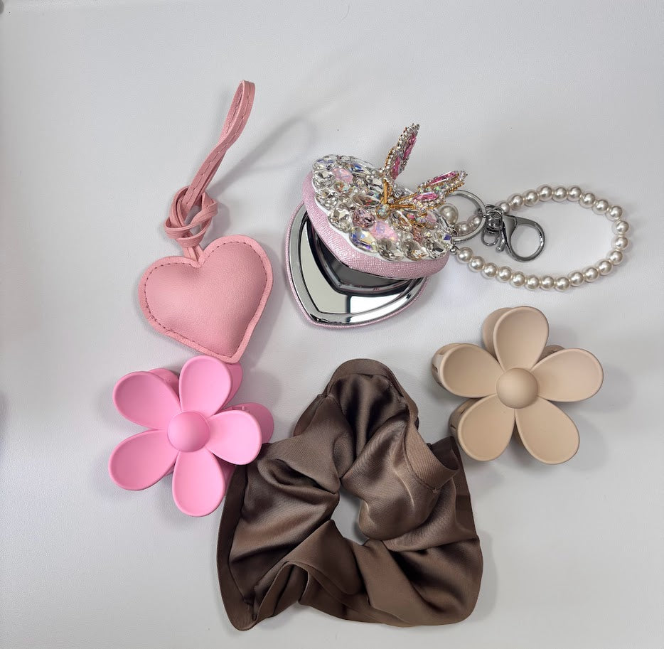 Elegant Hair Accessories & Mini Bag Charms Set – Scrunchie, Flower Clip, Heart Charm & Mirror