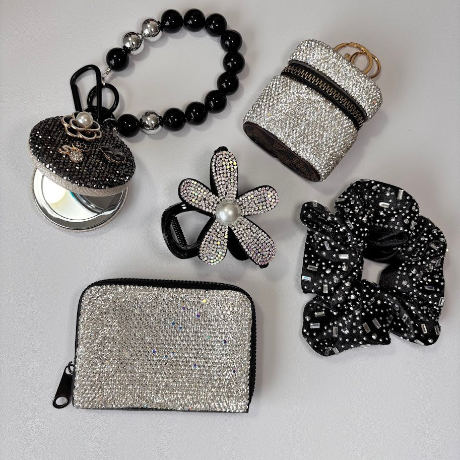 Glam Sparkly Accessories Gift Set – Rhinestone Pouch, Mini Mirror & Hair Accessories