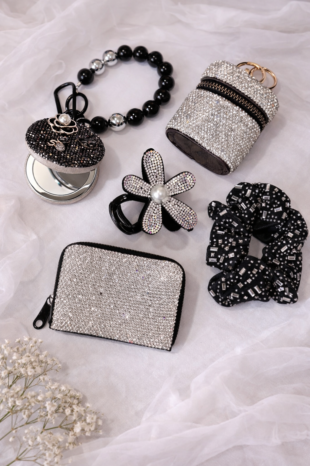 Glam Sparkly Accessories Gift Set – Rhinestone Pouch, Mini Mirror & Hair Accessories