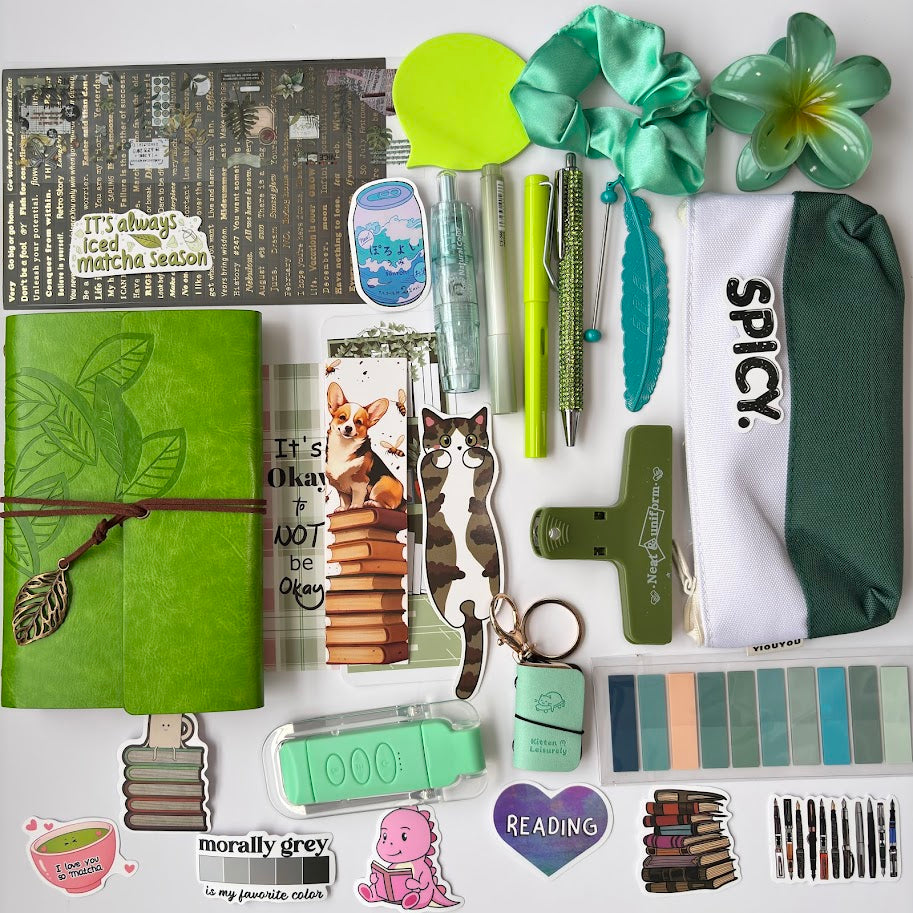 📗 Book Lovers Aesthetic Stationery Set – Green Edition (Premium A6 Journal , Stickers, Bookmarks & Accessories)