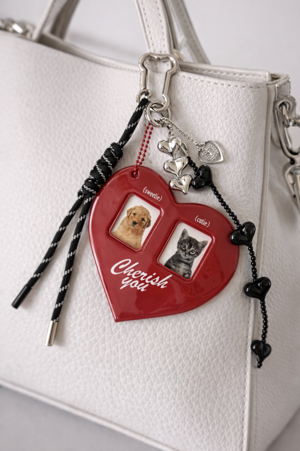 Heart Photo Frame Bag Charm Keychain with Rope Strap & Beaded Chain