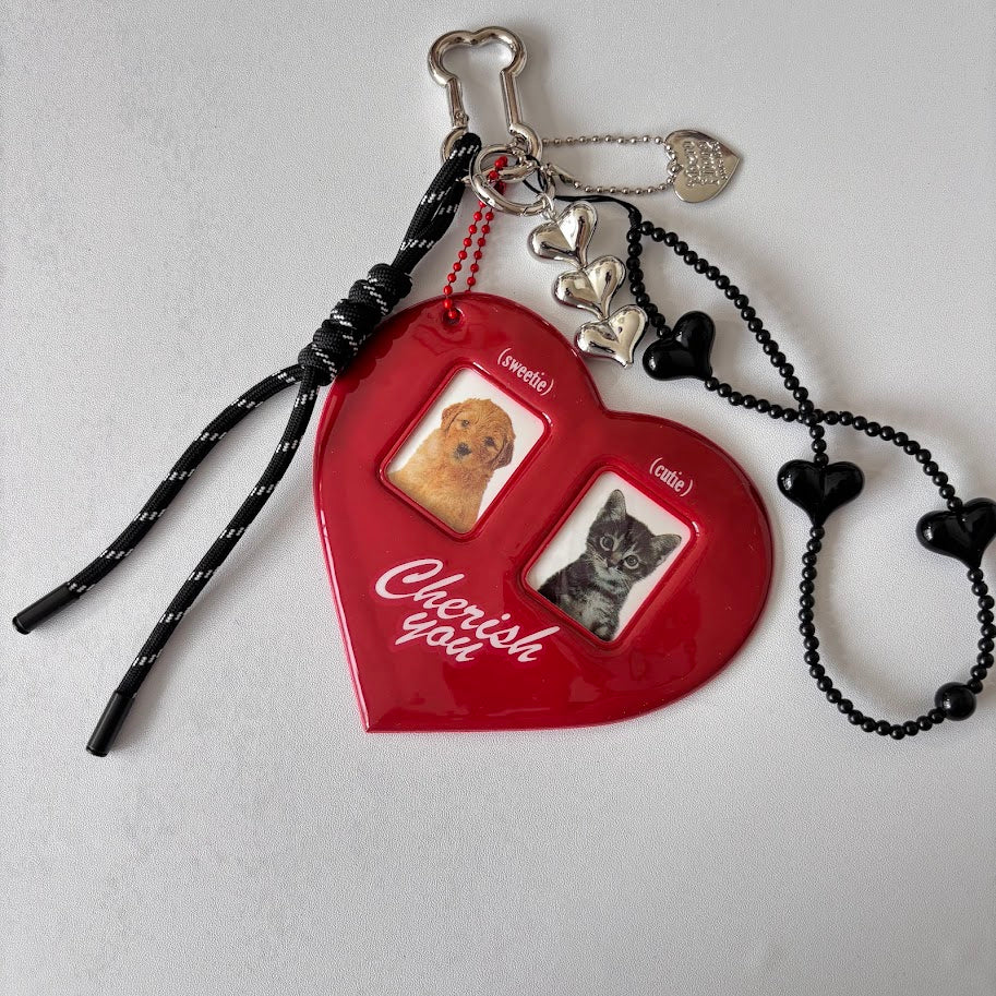 Heart Photo Frame Bag Charm Keychain with Rope Strap & Beaded Chain