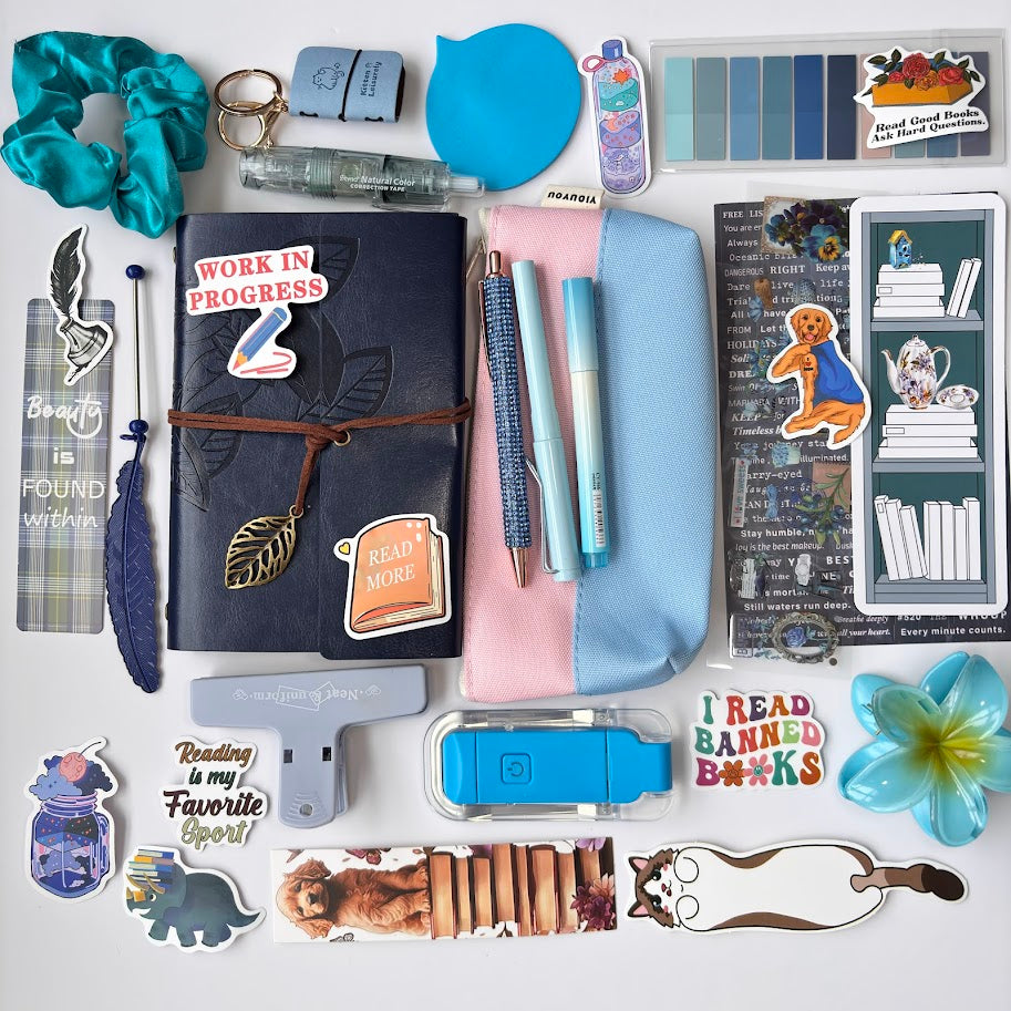📘 Book Lovers Aesthetic Stationery Set – Navy Edition (Premium A6 Journal, Stickers, Bookmarks & Accessories)