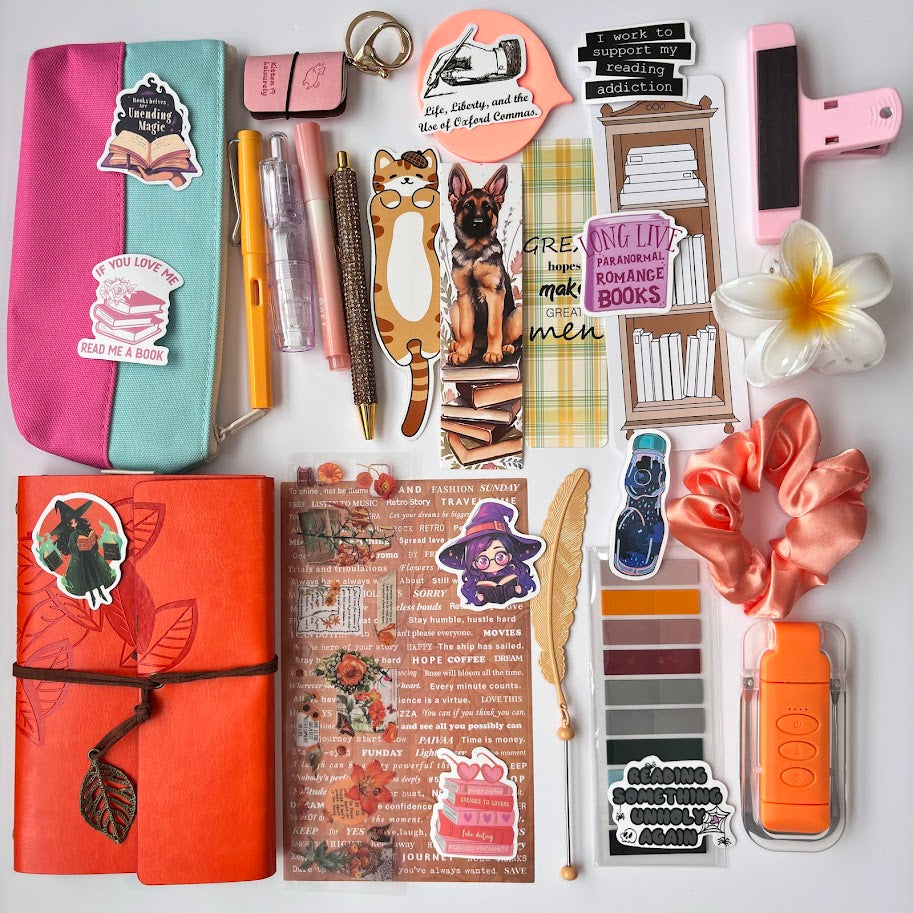 📙 Book Lovers Aesthetic Stationery Set – Orange Edition (Premium A6 Journal, Stickers, Bookmarks & Accessories)