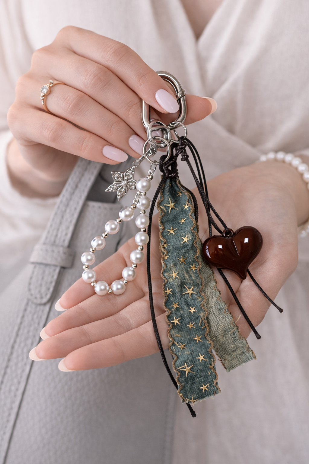 Pearl Bracelet Bag Charm Keychain with Star Ribbon & Heart Pendant