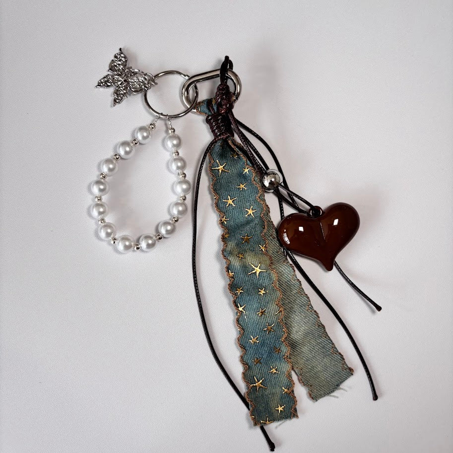 Pearl Bracelet Bag Charm Keychain with Star Ribbon & Heart Pendant