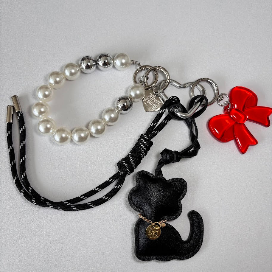 Pearl Cat Bag Charm Keychain with Bow & Rope Strap