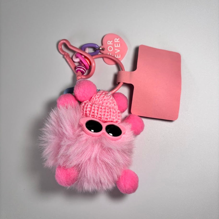 Colorful Fluffy Pom Pom Keychain – Cute Bag Charm with Sunglasses