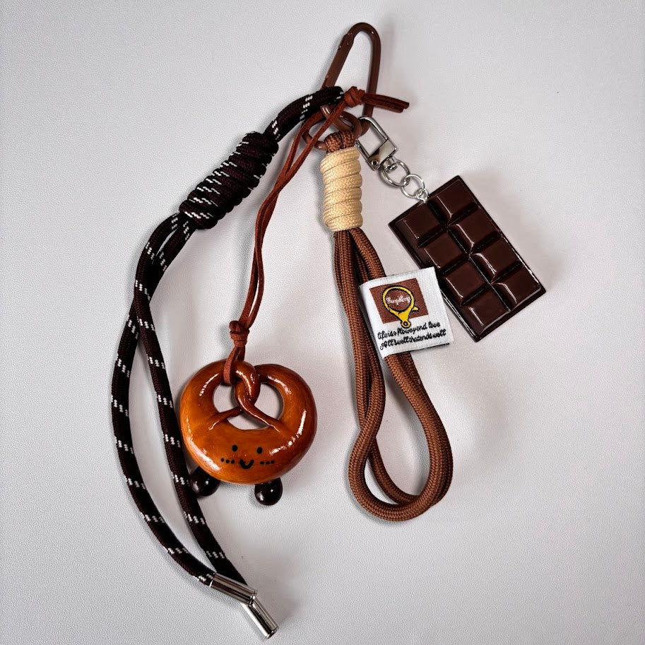Pretzel & Chocolate Bag Charm Keychain with Rope Strap – Cozy Bakery Aesthetic