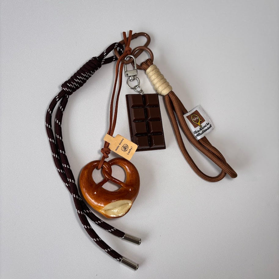 Pretzel & Chocolate Bag Charm Keychain with Rope Strap – Cozy Bakery Aesthetic
