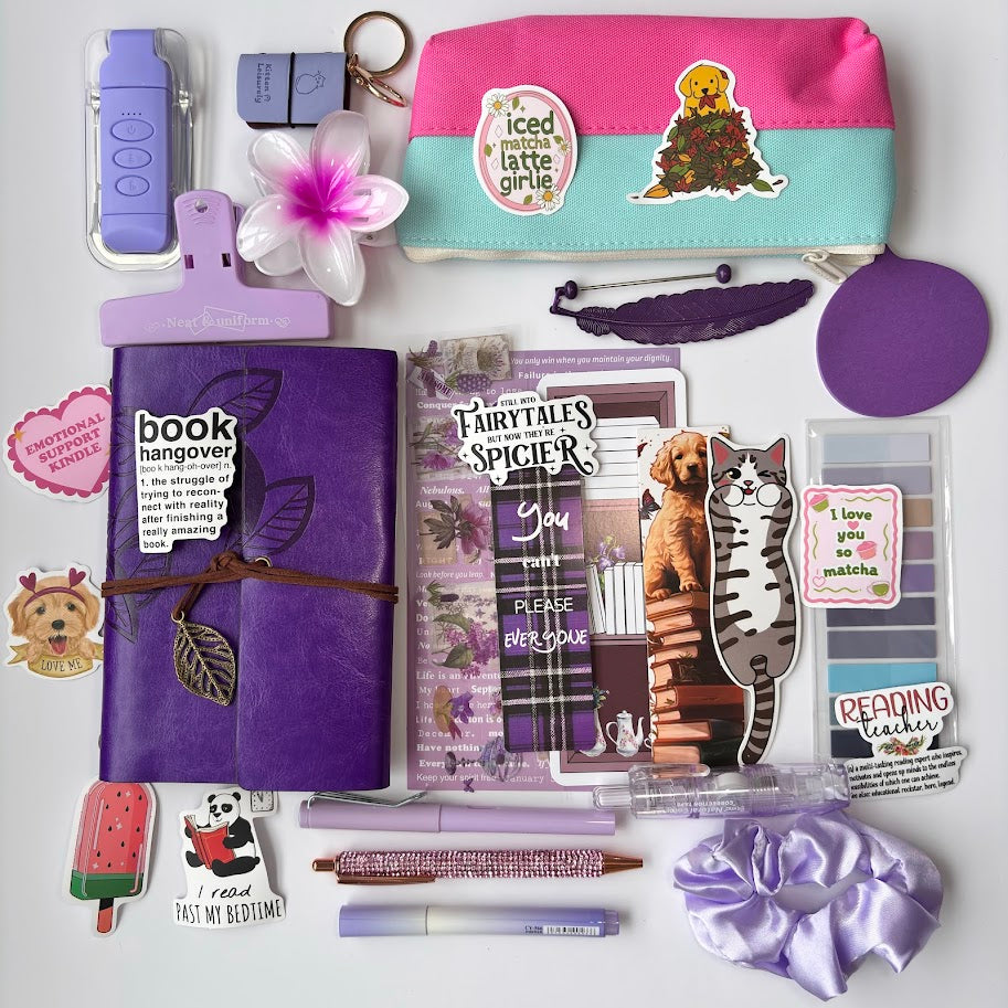 📔 Book Lovers Aesthetic Stationery Set – Purple Edition (Premium A6 Journal, Stickers, Bookmarks & Accessories)