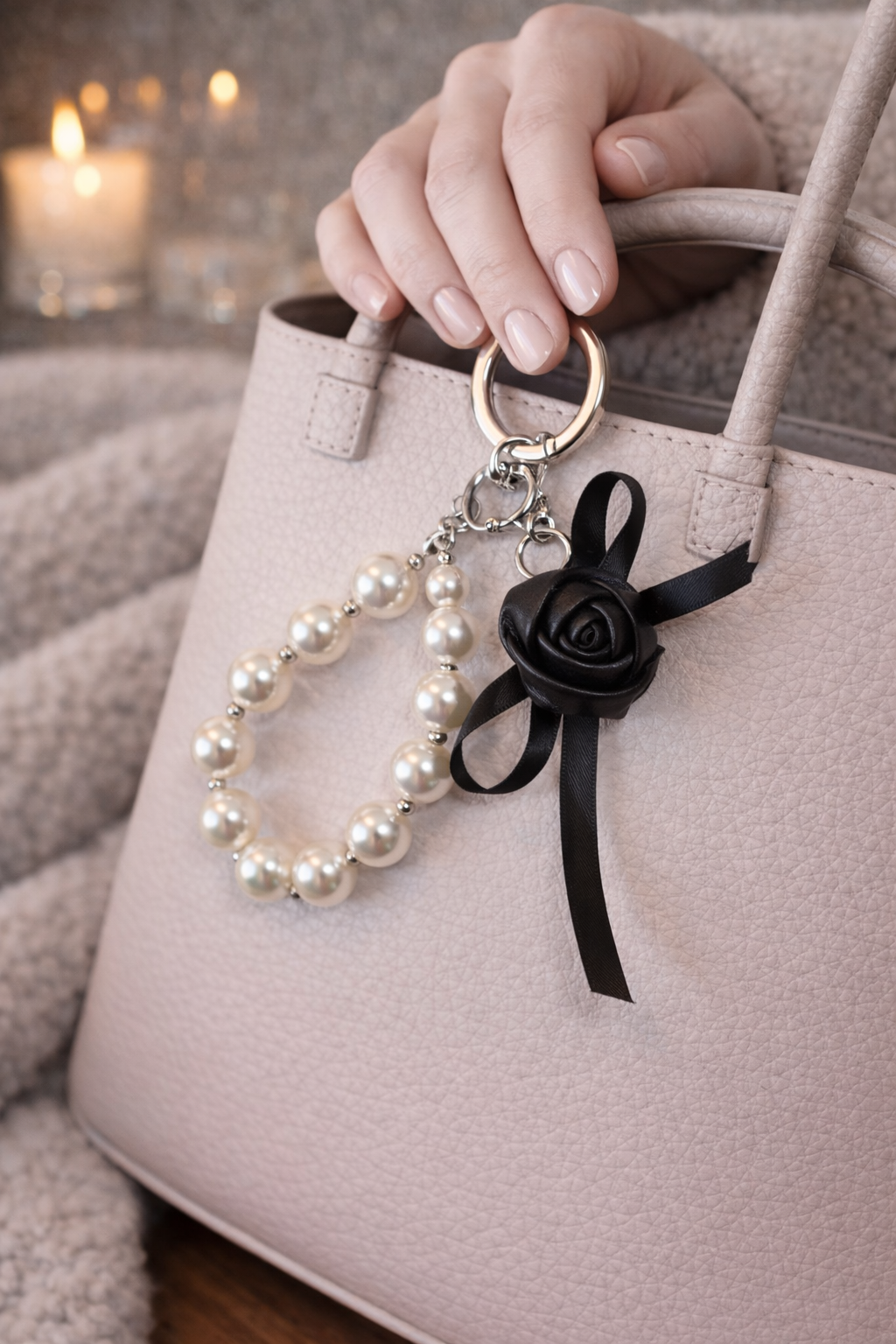 Rose & Pearl Bag Charm Keychain – Elegant Handbag Accessory