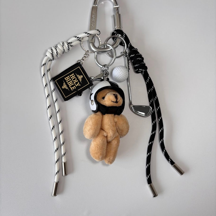 Teddy Bear Bag Charm Keychain with Helmet & Sport Charms