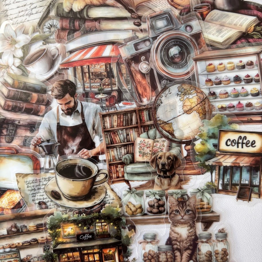 Cozy Café Stickers – Vintage Coffee & Bookshop Aesthetic Sticker Pack