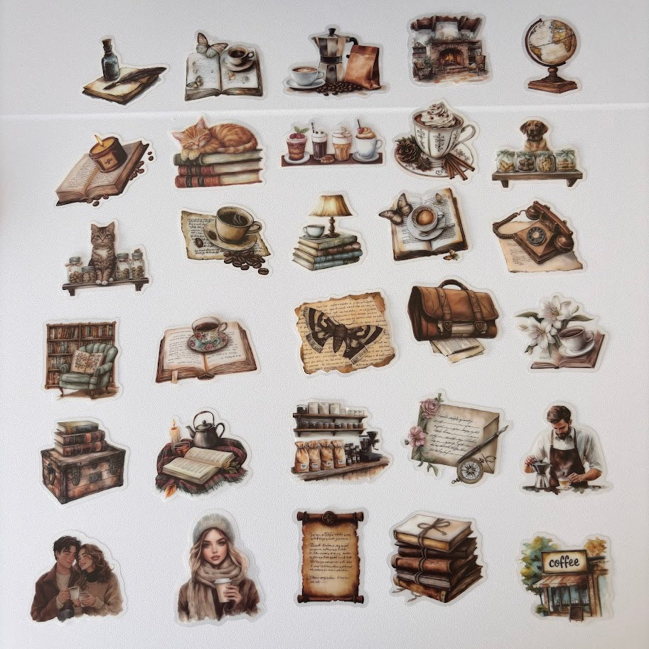 Cozy Café Stickers – Vintage Coffee & Bookshop Aesthetic Sticker Pack