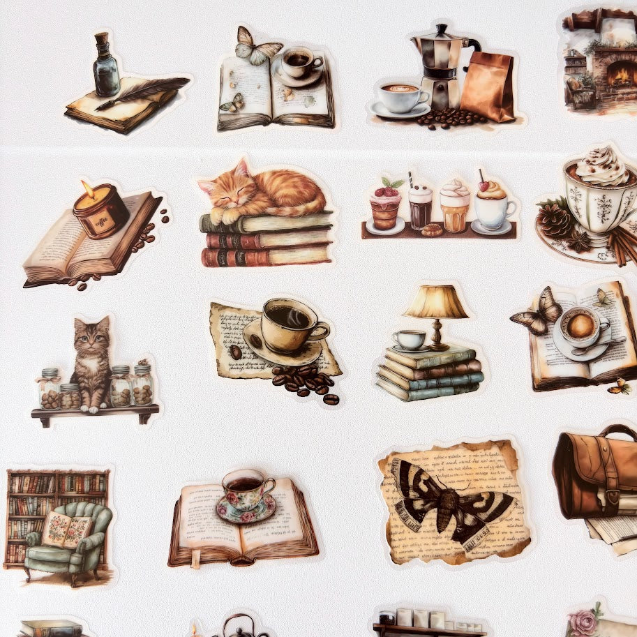 Cozy Café Stickers – Vintage Coffee & Bookshop Aesthetic Sticker Pack