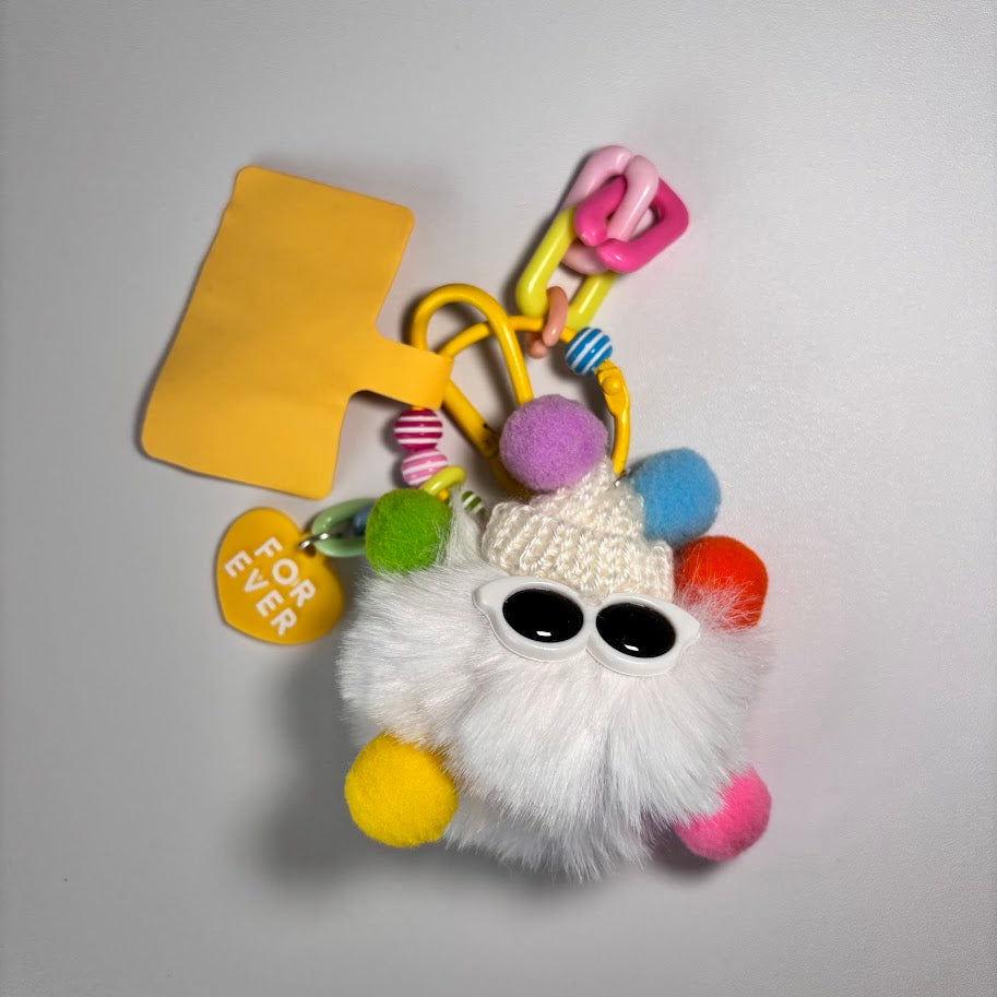 Colorful Fluffy Pom Pom Keychain – Cute Bag Charm with Sunglasses